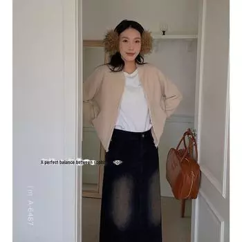 Женская куртка-кардиган Du Xiaozhai осень 2024 года в стиле ретро с воротником-стойкой и застежкой-молнией One Size полуночно-синий