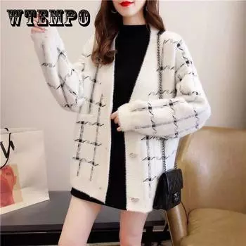 Женская куртка-кардиган из искусственной норки, осенне-зимняя свободная рубашка с v-образным вырезом и пуговицами, топ для женщин XXXL