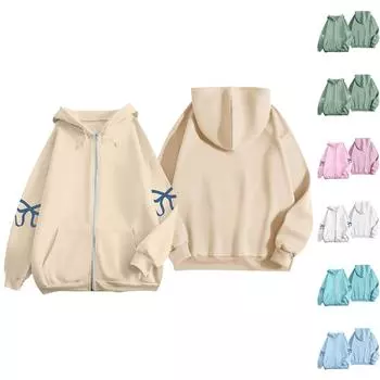 Женская куртка-кардиган с длинными рукавами и карманами, с принтом бантов, на молнии, с капюшоном, пальто L бежевый