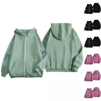 Женская куртка-кардиган с длинными рукавами и карманами, с принтом бантов, на молнии, с капюшоном, пальто L чёрный