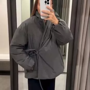 Женская куртка-кимоно со шнуровкой и запахом, с V-образным вырезом, длинными рукавами, утепленная куртка, пальто, весна-осень 2025, новая женская однотонная верхняя одежда XS чёрный