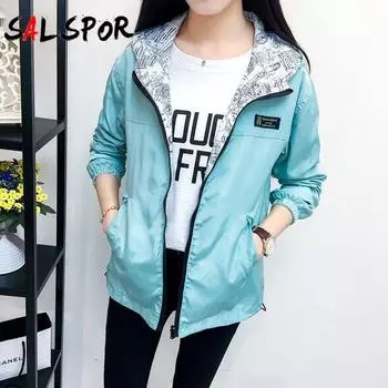 Женская куртка Модная рубашка с капюшоном с принтом Весна Открытый Свободная двусторонняя тонкая куртка из полиэстера