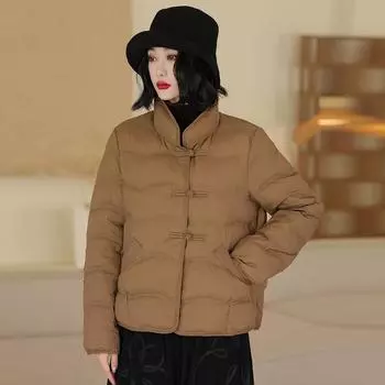 Женская куртка на белом утином пуху в этническом стиле, короткая, зимняя, 2024 года, воротник-стойка, пряжка, ретро, повседневная, теплая, прилив S
