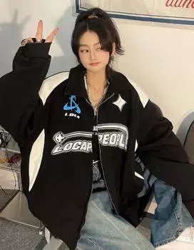 Женская куртка на молнии с буквенным принтом, уличные куртки в стиле хип-хоп в американском стиле ретро, большие корейские повседневные трендовые женские пальто Y2K M чёрный