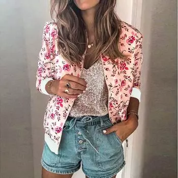 Женская куртка на молнии с цветочным принтом в стиле ретро, повседневные топы, пальто и верхняя одежда L розовый