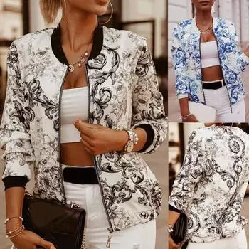 Женская куртка на молнии с длинным рукавом в стиле ретро, повседневное короткое пальто S синий