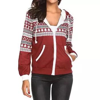 Женская куртка на молнии с длинными рукавами, Рождественская толстовка с карманом и узором снежинки, пальто M красный