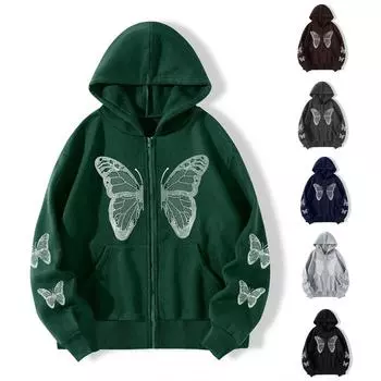 Женская куртка на молнии в стиле хип-хоп, уличная одежда, пальто с капюшоном и принтом бабочки, осенние толстовки на молнии в стиле панк S чёрный