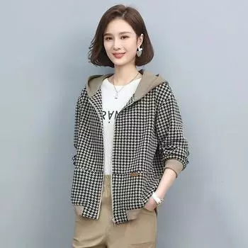 Женская куртка на осень и весну, тонкий короткий кардиган с капюшоном, повседневная универсальная удобная куртка на молнии M чёрный