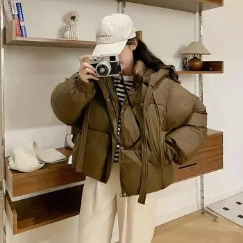 Женская куртка на осень и зиму 2023, новая утолщенная теплая повседневная свободная куртка с хлебом, топ M чёрный