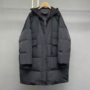 Женская куртка на утином пуху большого размера, осенне-зимняя теплая повседневная верхняя одежда с капюшоном, имитация двух частей, лоскутное пальто 2023 г. XXXXL чёрный