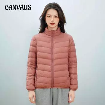 Женская куртка на утином пуху плотностью 90 г, однотонная, с воротником-стойкой, легкая M красный