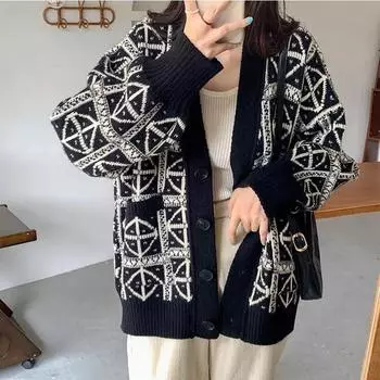 Женская куртка на весну и осень, черный дикий повседневный наружный вязаный кардиган, удобные эластичные свободные топы M чёрный