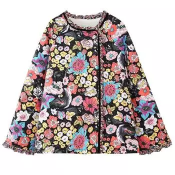 Женская куртка осень-зима 2020 года в европейском и американском стиле с круглым вырезом, длинными рукавами, однобортная, с цветочным принтом, на пуху ягненка XXL разноцветный