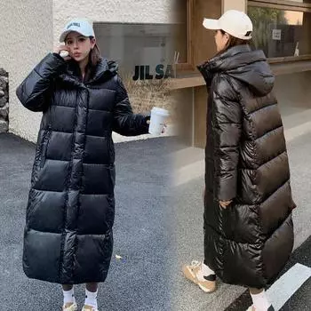 Женская куртка осень-зима, черная, глянцевая, свободная, выше колена, с капюшоном, утолщенная, ветрозащитная, женская куртка M чёрный