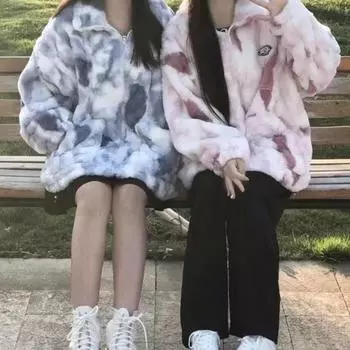 Женская куртка осень-зима, двухстороннее плюшевое пальто с узором тай-дай, воротником-стойкой, застегивающимся на молнию, утолщенное M красный