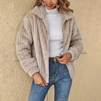 Женская куртка осень-зима из толстого плюша с длинными рукавами и карманами, короткое пальто с отложным воротником S дубильная кора