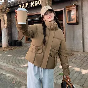 Женская куртка осень-зима, однотонная, утепленная, с хлопковой подкладкой, воротником-стойкой, теплая, на молнии, пальто M хаки