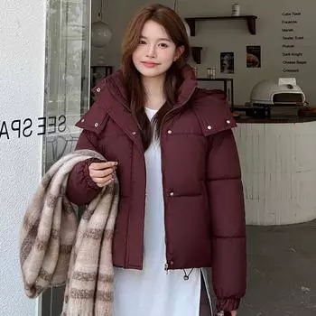 Женская куртка осень-зима с капюшоном, однотонная, утепленная верхняя одежда с хлопковой подкладкой, свободный воротник-стойка, теплая короткая куртка, пальто M вино красного