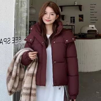 Женская куртка осень-зима с капюшоном, однотонная, утепленная верхняя одежда с хлопковой подкладкой, свободный воротник-стойка, теплая короткая куртка, пальто M вино красного