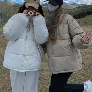 Женская куртка осень-зима с карманами, однотонная, утепленная верхняя одежда из хлопка с воротником-стойкой, теплая короткая куртка, пальто S чёрный