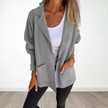 Женская куртка осень-зима с воротником-лацканом, свободное повседневное пальто с карманом, однобортный однотонный топ с длинными рукавами M серый