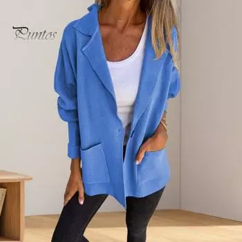 Женская куртка осень-зима с воротником-лацканом, свободное повседневное пальто с карманом, однобортный однотонный топ с длинными рукавами M розовый