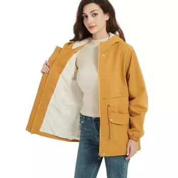 Женская куртка осень-зима средней длины из плюша с завязками на талии и капюшоном, однотонное пальто S хаки