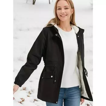 Женская куртка осень-зима средней длины из плюша с завязками на талии и капюшоном, однотонное пальто S чёрный