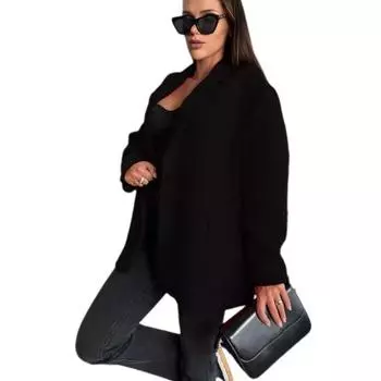 Женская куртка осень-зима, теплая, с толстым воротником-лацканом, свободная, повседневная, шерстяная, однобортная M чёрный