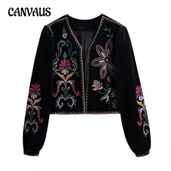 Женская куртка осень-зима, тонкая, с длинными рукавами, короткая, вышитая, бархатная рубашка XS