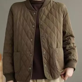 Женская куртка осень-зима в винтажном стиле с ромбическим хлопковым наполнителем, новое короткое свободное пальто, простая модная дизайнерская одежда S светло-коричневого