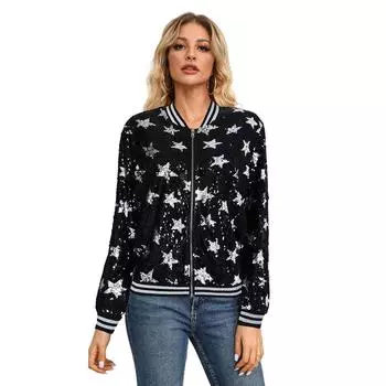 Женская куртка осенняя, украшенная пайетками, звездами, серебряная, украшенная молнией S серебряный