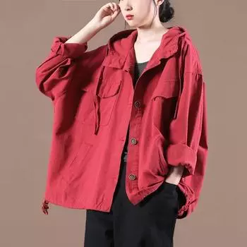 Женская куртка-пальто большого размера, осенне-зимняя винтажная женская верхняя одежда, свободная одежда большого размера с длинными рукавами и капюшоном S красный