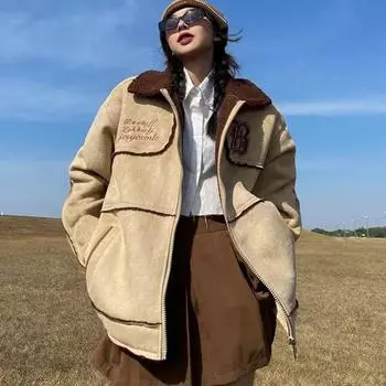 Женская куртка-пальто на осень и зиму, утолщенная удобная теплая свободная куртка, крутая универсальная ковбойская меховая куртка M