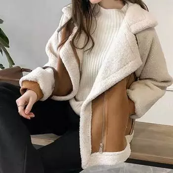 Женская куртка Плотная, сохраняющая тепло, свободный отложной воротник, длинные рукава, карманы на молнии, овечья шерсть, ветрозащита S абрикосовый