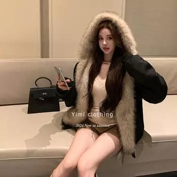 Женская куртка, плюш иностранного производства, теплая с обеих сторон, свободный верх, капюшон с меховой отделкой S