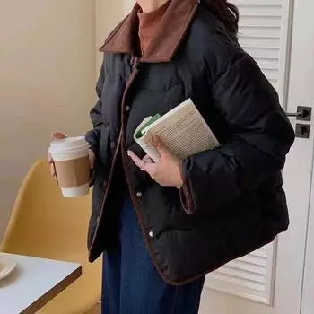 Женская куртка-пуховик 2024 года, новинка зимы Xiaoxiangfeng, корейская версия, вельветовый воротник, теплая белая куртка на утином пуху S (90-62.5kg recommended) чёрный