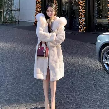 Женская куртка-пуховик 2024 года, осень-зима, новая удлиненная версия, воротник из меха лисы, длинная шуба с капюшоном, искусственная норковая куртка для женщин S