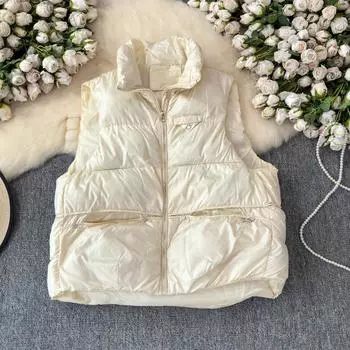 Женская куртка-пуховик из белого утиного пуха без рукавов, модная однотонная теплая жилетка, пальто, свободная верхняя одежда One Size чёрный
