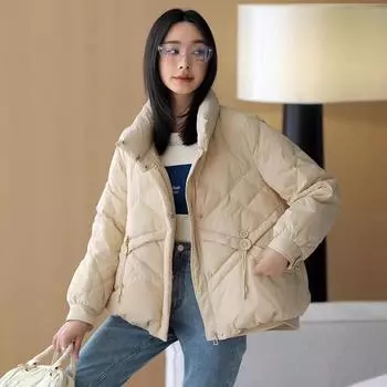 Женская куртка-пуховик из белого утиного пуха 2024 года, зимняя мода, воротник-стойка, дизайн Sense Rhombus, теплая, маленькая куртка Tide S хаки