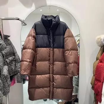 Женская куртка-пуховик контрастного цвета выше колена, средняя и длинная, зима 2024, новая свободная утолщенная теплая куртка-хлеб One size