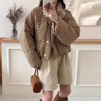 Женская куртка-пуховик на белом утином пуху в черно-белую клетку 2024 года, модная зимняя свободная теплая утолщенная короткая куртка с воротником-стойкой S