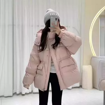 Женская куртка-пуховик осень-зима, короткая, с капюшоном, однобортная, свободная, с регулируемой талией, прямая, из белого утиного пуха S чёрный