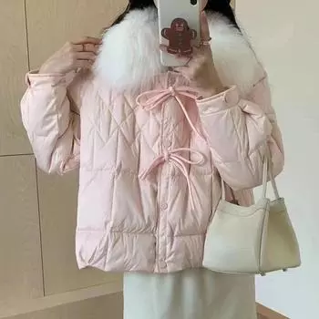 Женская куртка-пуховик с большим воротником из меха лисы и белой утиной шерсти 2024 года, новая мода, милая куртка с ромбовидным бантом S