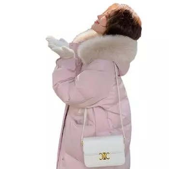 Женская куртка-пуховик с большим воротником из натурального меха лисы, новинка 2024 года, с капюшоном, утолщенная, средней и длинной длины, тонкое пальто из белого утиного пуха, зима XS recommends about 90-55kg