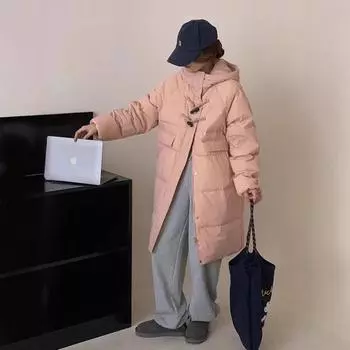 Женская куртка-пуховик с капюшоном 2024 года, зимняя новая корейская версия, модное свободное пальто с деревянной пряжкой, белое утиное пуховое длинное пальто S