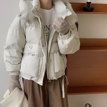 Женская куртка-пуховик с капюшоном 2024 года, зимняя мода, милый маленький дизайн, круглая кнопка, теплая белая утиная пуховая одежда S слоновая кость