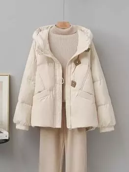 Женская куртка-пуховик с капюшоном и квадратной пряжкой, белое зимнее пальто из утиного пуха, простая и универсальная теплая куртка для хлеба, для маленького человека S recommends within 60 kg чёрный