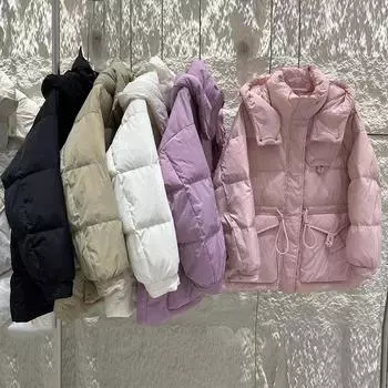 Женская куртка-пуховик с капюшоном и тремя пряжками на талии, зимняя, 2024 года, утепленная, белая, на утином пуху S розовый